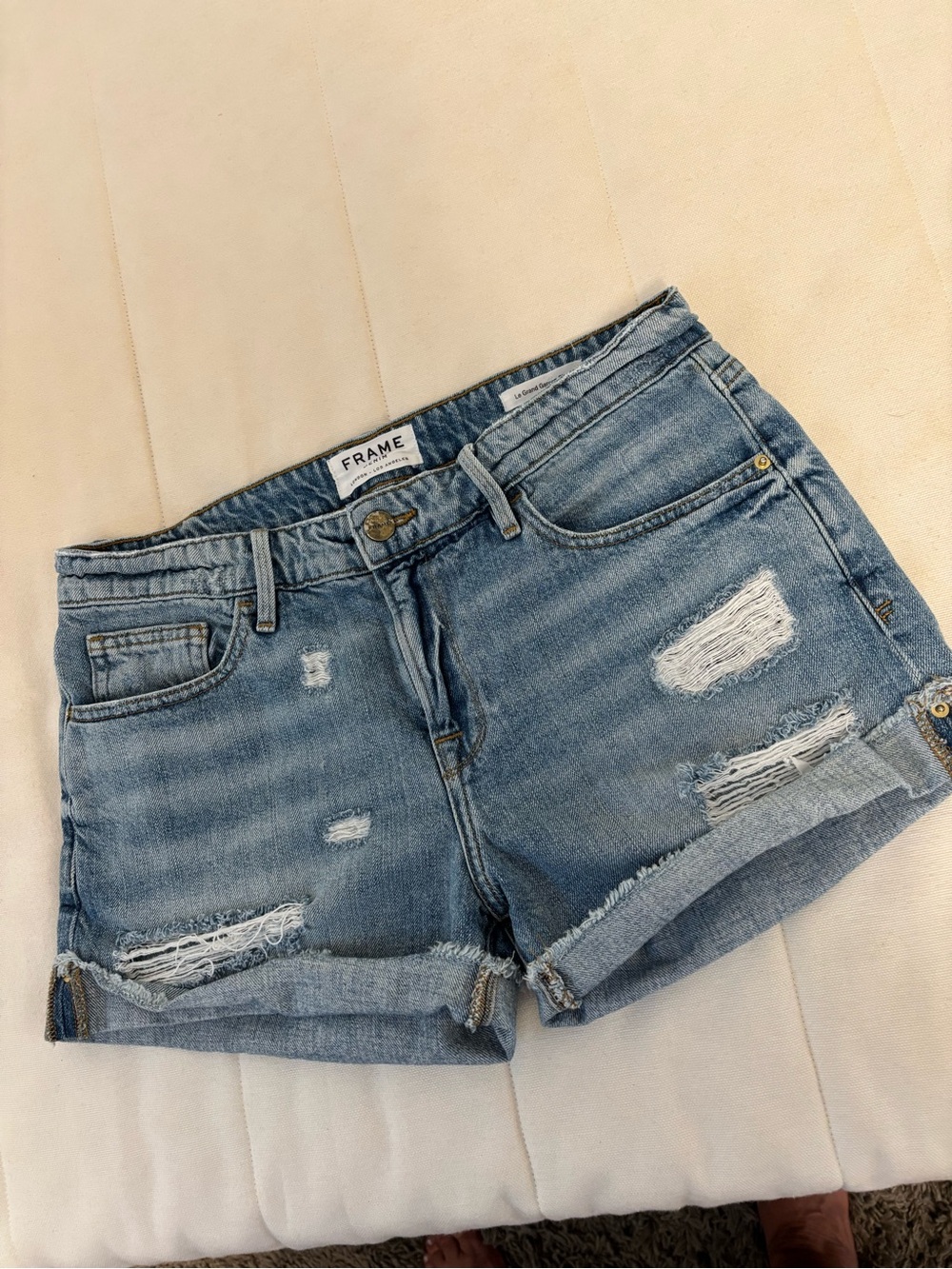 FRAME DENIM Light Blue Distressed Rolled-Hem Jean Shorts